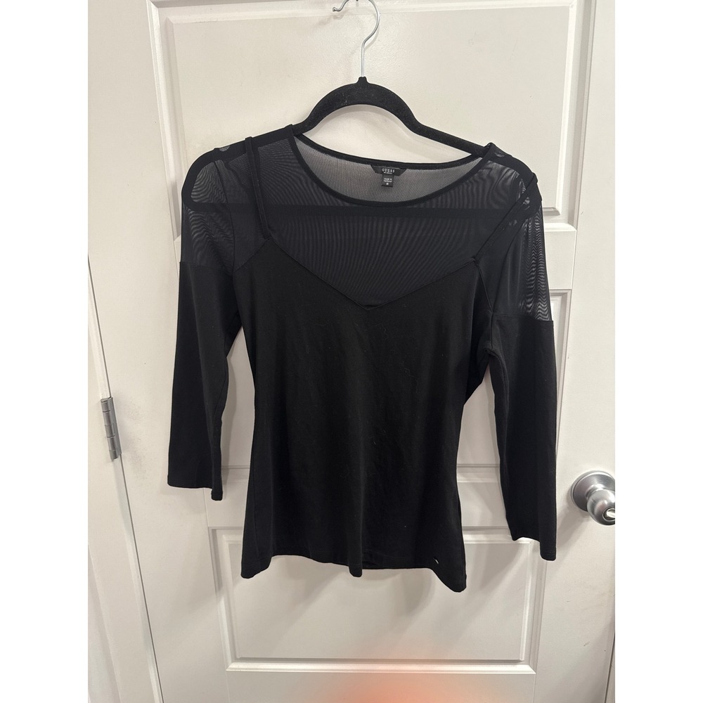 Guess Womens Black Sheer Mesh Long Sleeve Knit Top Size M Mixed Media